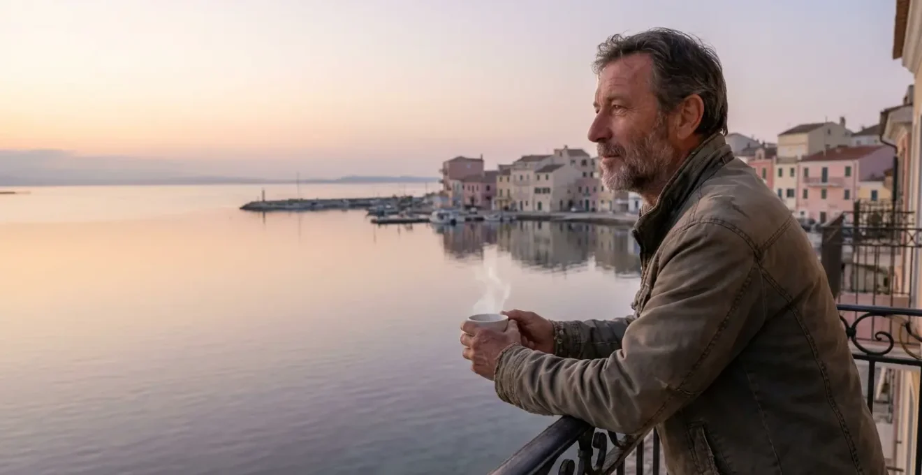 Investisseur observant l'étang de Thau depuis une terrasse d'appartement à Balaruc-les-Bains au lever du jour