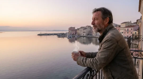 Investisseur observant l'étang de Thau depuis une terrasse d'appartement à Balaruc-les-Bains au lever du jour